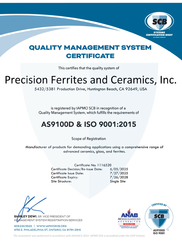 Precision Ferrites and Ceramics AS91000D-ISO9001 Certificate 2025